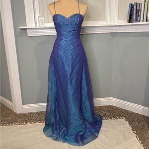 Faviana Blue Beaded Corset back-2 piece Gown 7/8 with wrap
